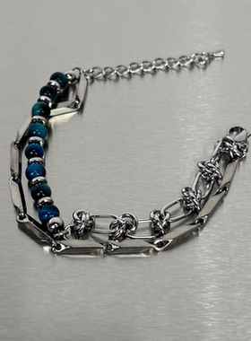 双层蓝色虎眼石钛钢手链男女ins设计感国潮小众复古嘻哈手饰配饰