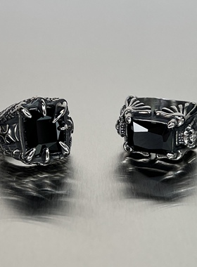 黑宝石龙爪戒指男潮牌小众设计手饰复古宫廷霸气男士钛钢指环个性