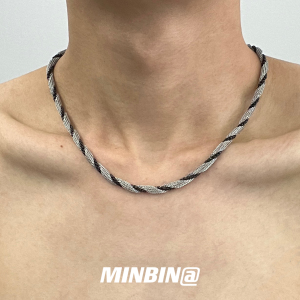 欧美黑银麻花纽绳钛钢项链男女ins嘻哈小众高级感锁骨链男士潮牌