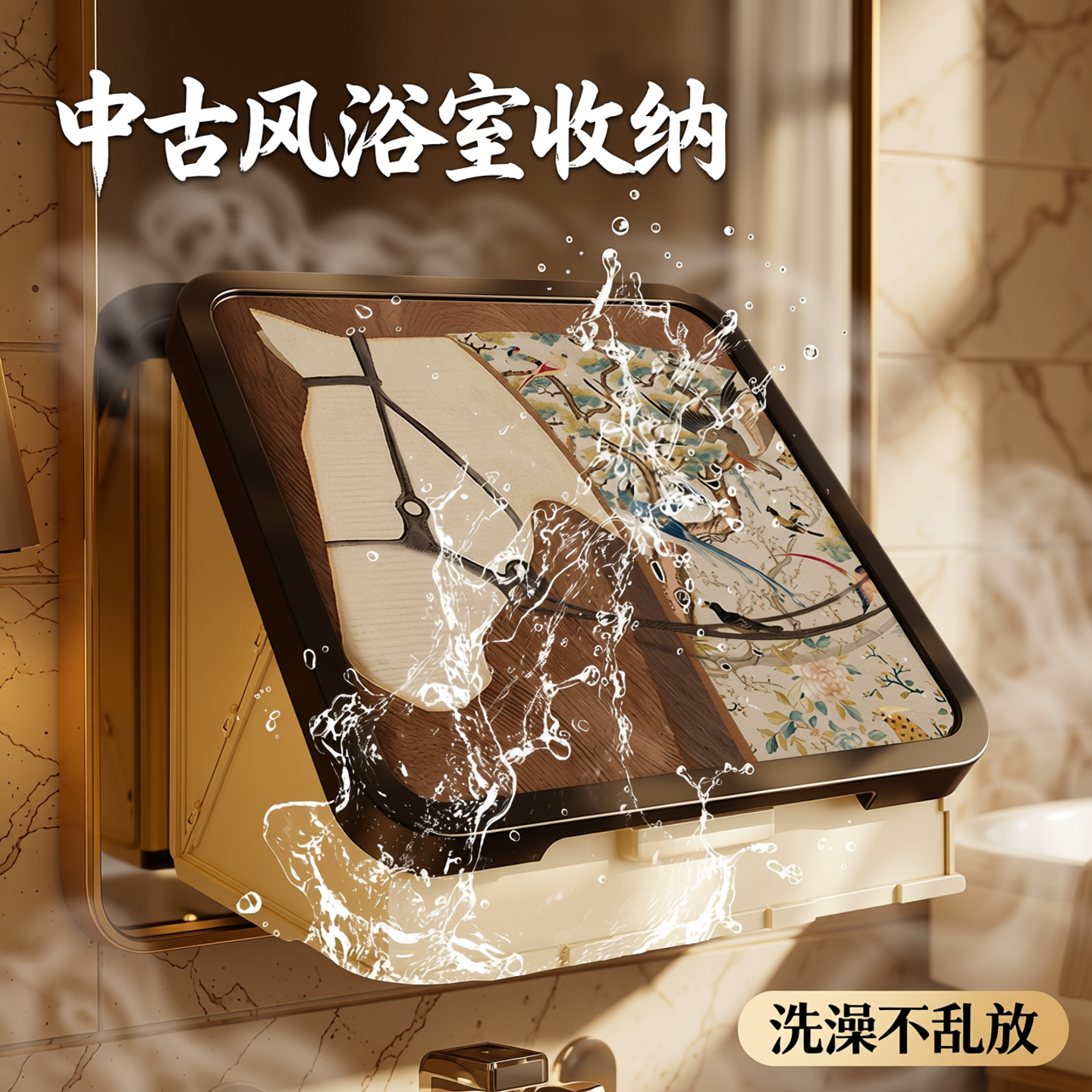 中古风浴室壁画收纳箱洗澡防水置物架卫生间放衣服神器折叠脏衣篮