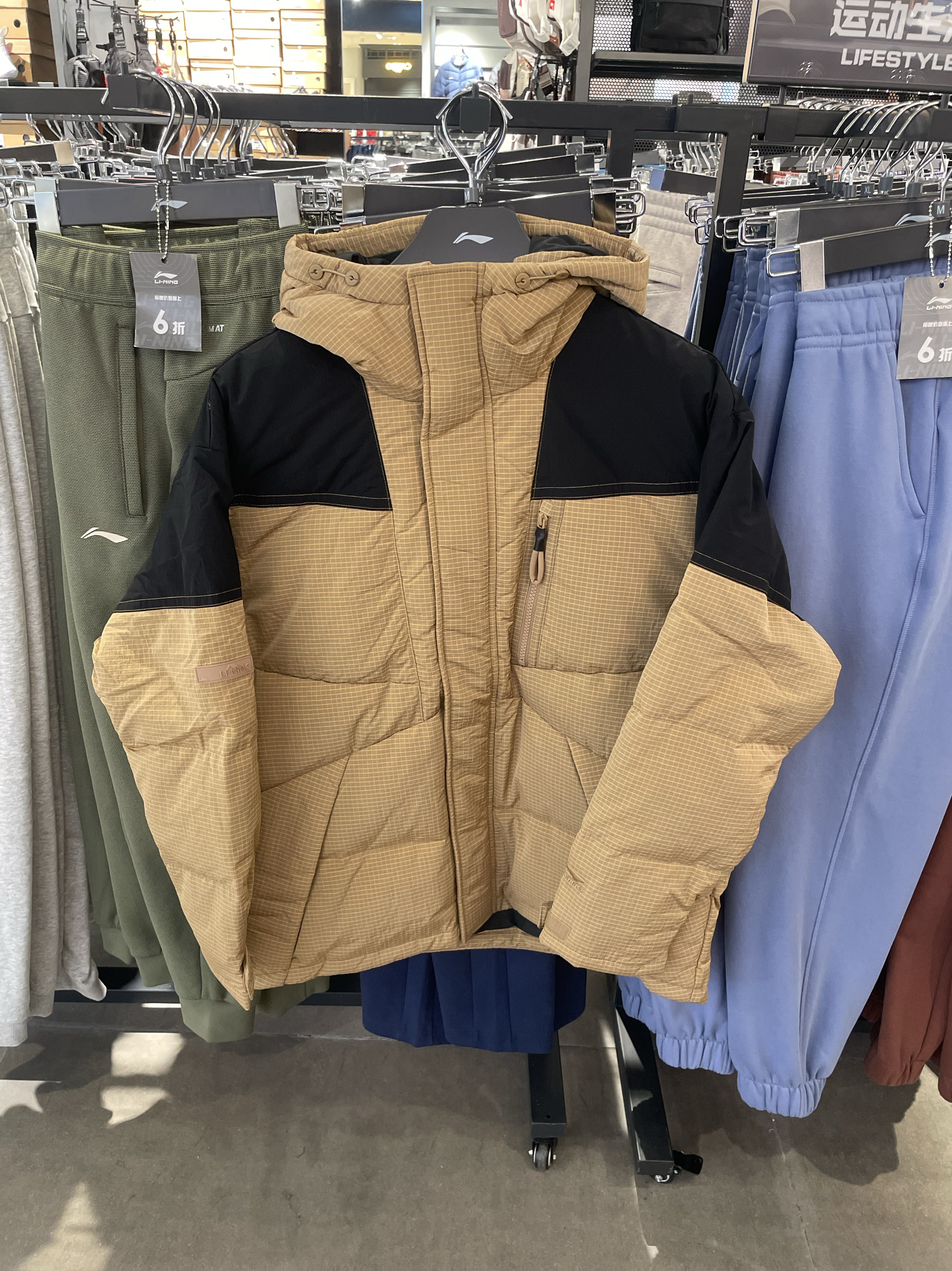 李宁男吸热保暖连帽中长款羽绒服