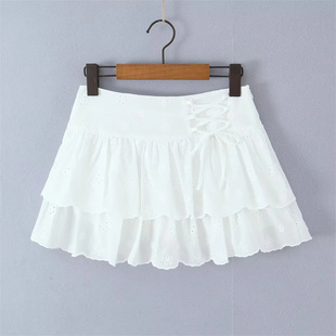 欧美风刺绣花朵半身裙女短款绑带拼接荷叶边高腰性感a字裙超短裙