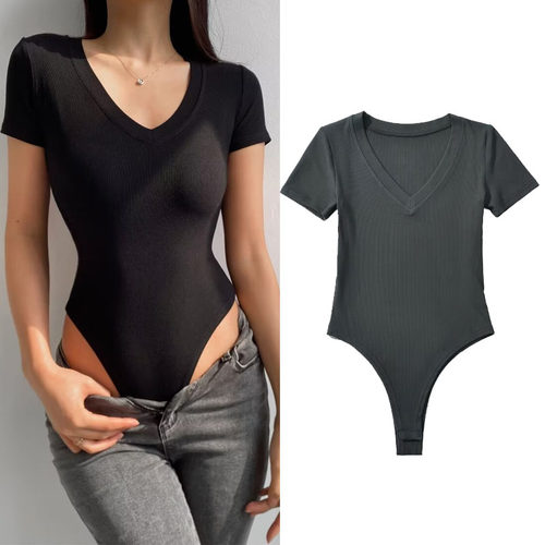 高腰短袖高开叉v领连体衣