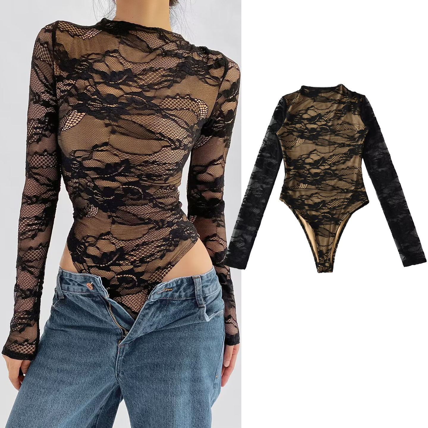 辣妹蕾丝长袖连体衣女打底衫