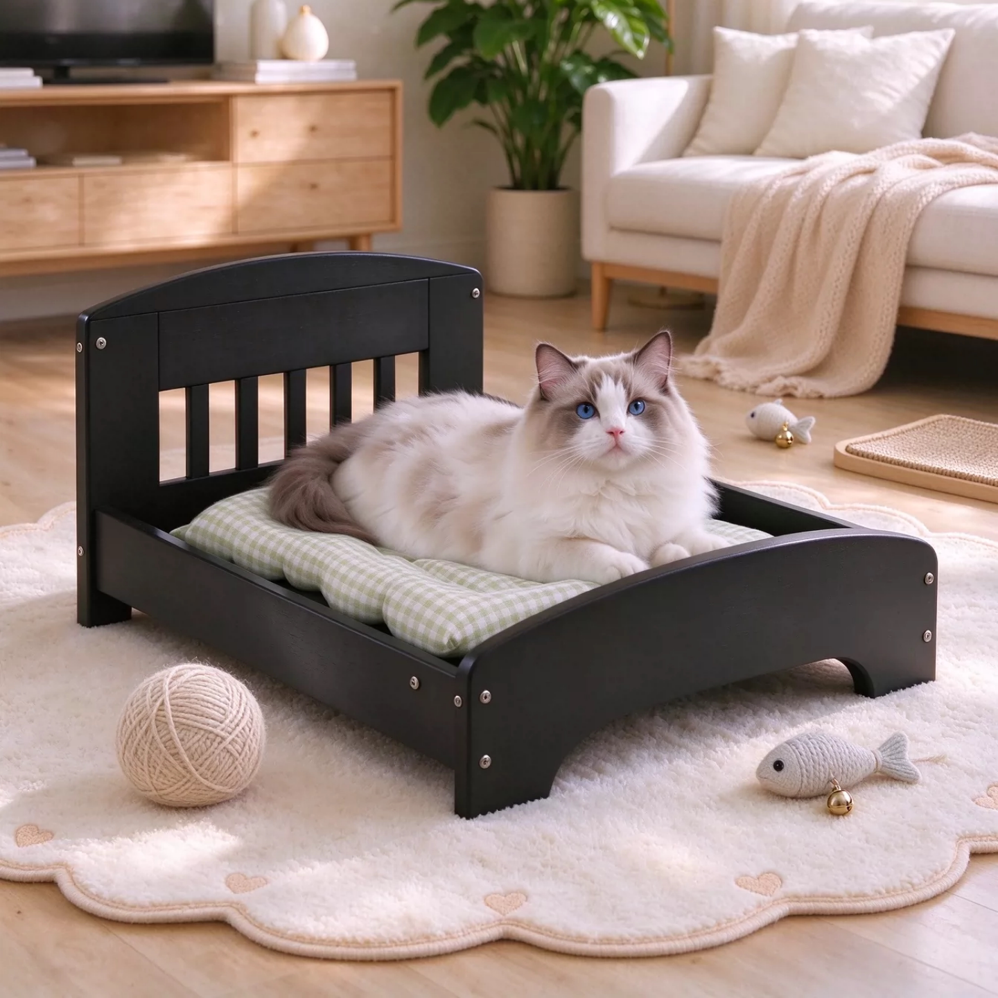 现代简约黑色猫床实木宠物小床高颜值猫咪睡觉四季通用小型犬狗床