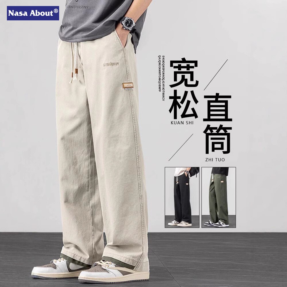 NASA美式纯棉休闲裤男款潮流百搭宽松垂感阔腿帅气直筒运动裤夏季