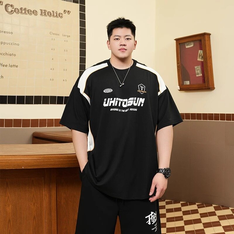 潮牌大码男装夏季胖子凉感速干短袖t恤男宽松加肥加大拼接半袖