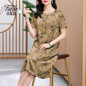 中老年妈妈重磅真丝连衣裙夏宽松大码 中式 桑蚕丝印花裙子遮肚显瘦
