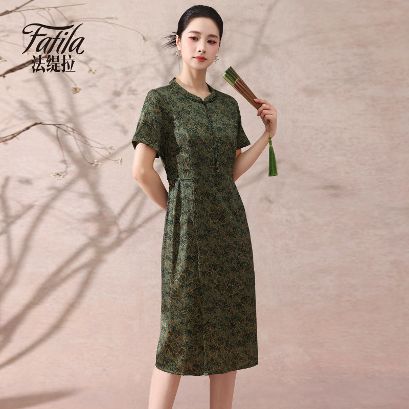 旗袍改良版重磅真丝连衣裙夏新款收腰缎面桑蚕丝裙子中老年妈妈装 - 法缇拉旗舰店出品