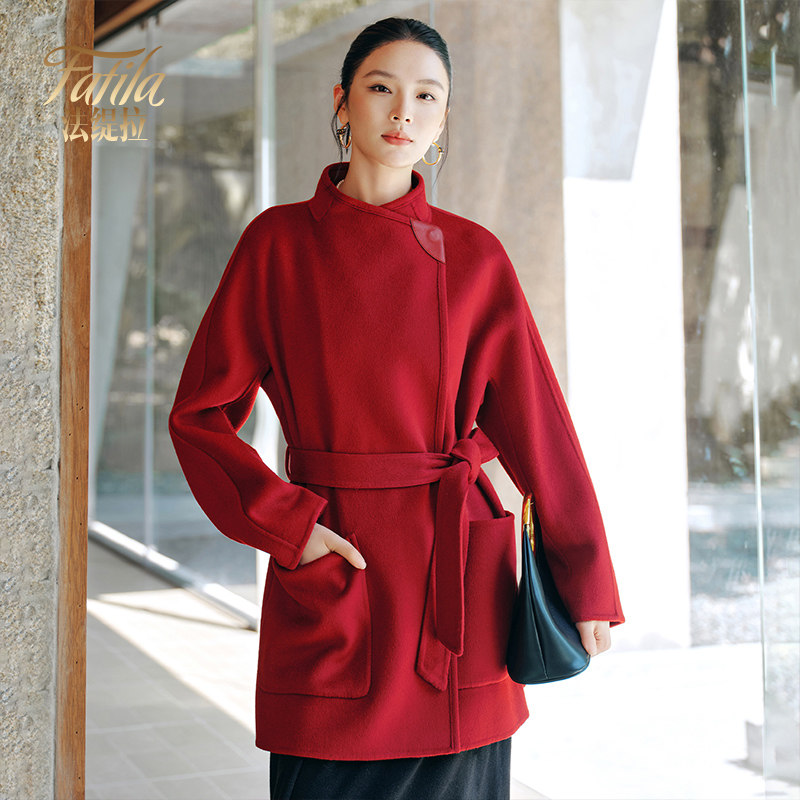 红色立领双面羊绒大衣女中长款冬装新款2026宽松系带高端毛呢外套