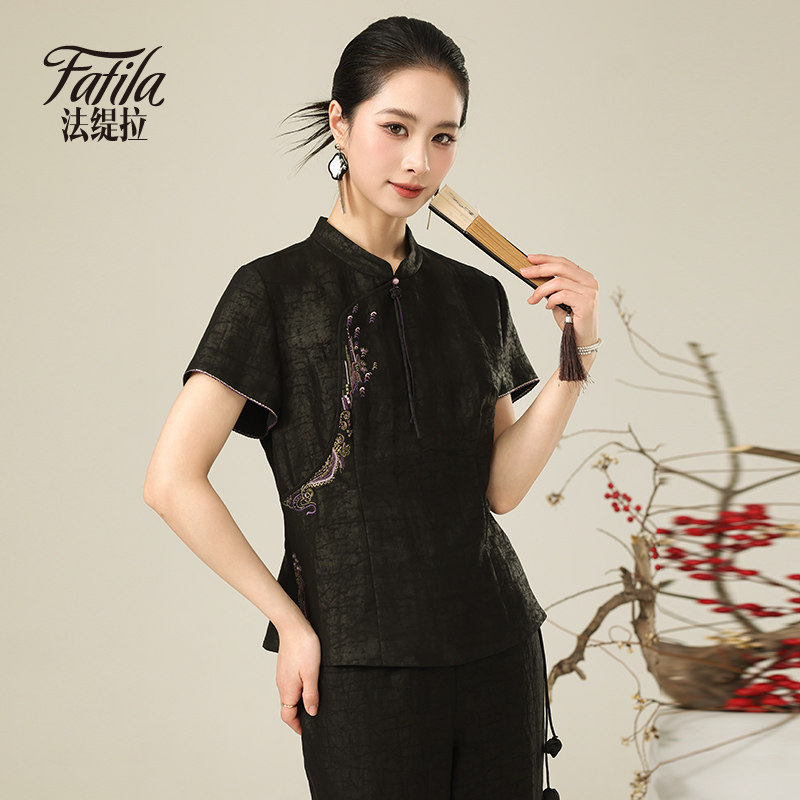 黑色龟纹香云纱真丝衬衫女短袖夏