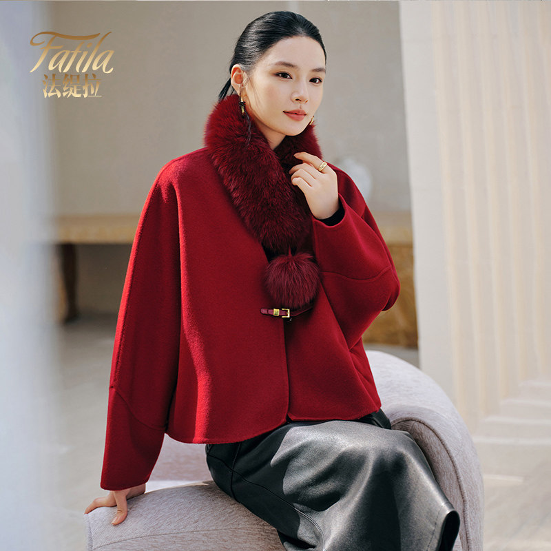 红色高端双面羊绒大衣女短款冬装