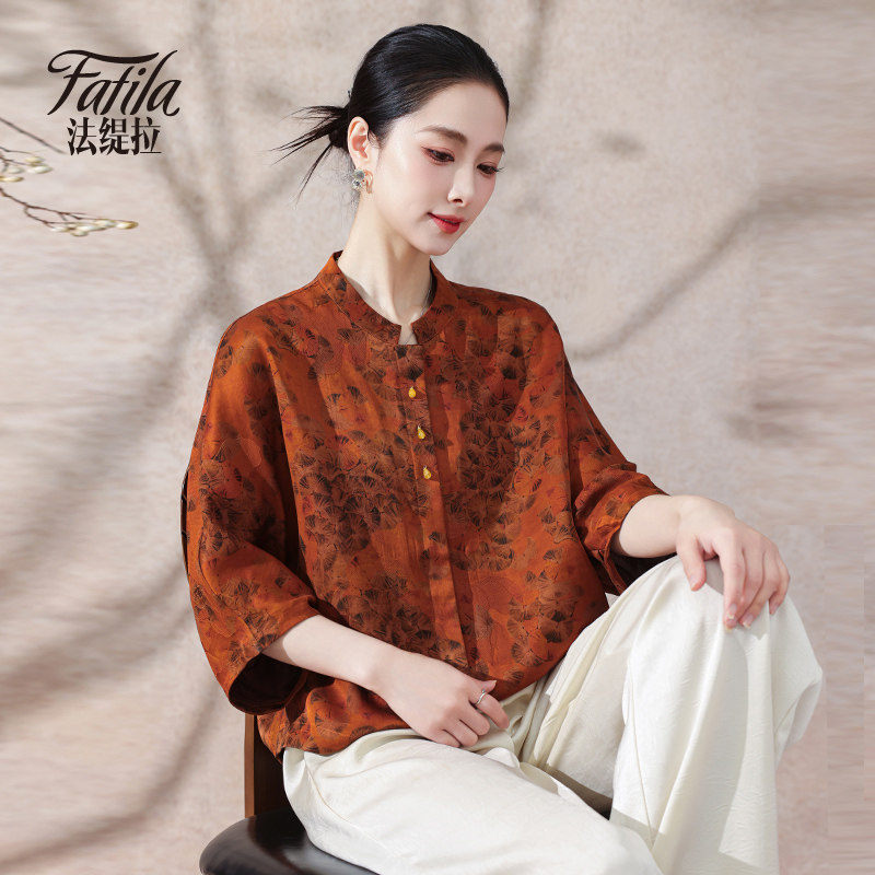 香云纱真丝衬衫女七分袖新款宽松大码印花桑蚕丝上衣中老年妈妈装