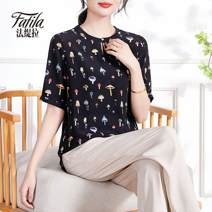 时尚立领双绉真丝衬衫女短袖夏季新款妈妈大码桑蚕丝印花上衣百搭