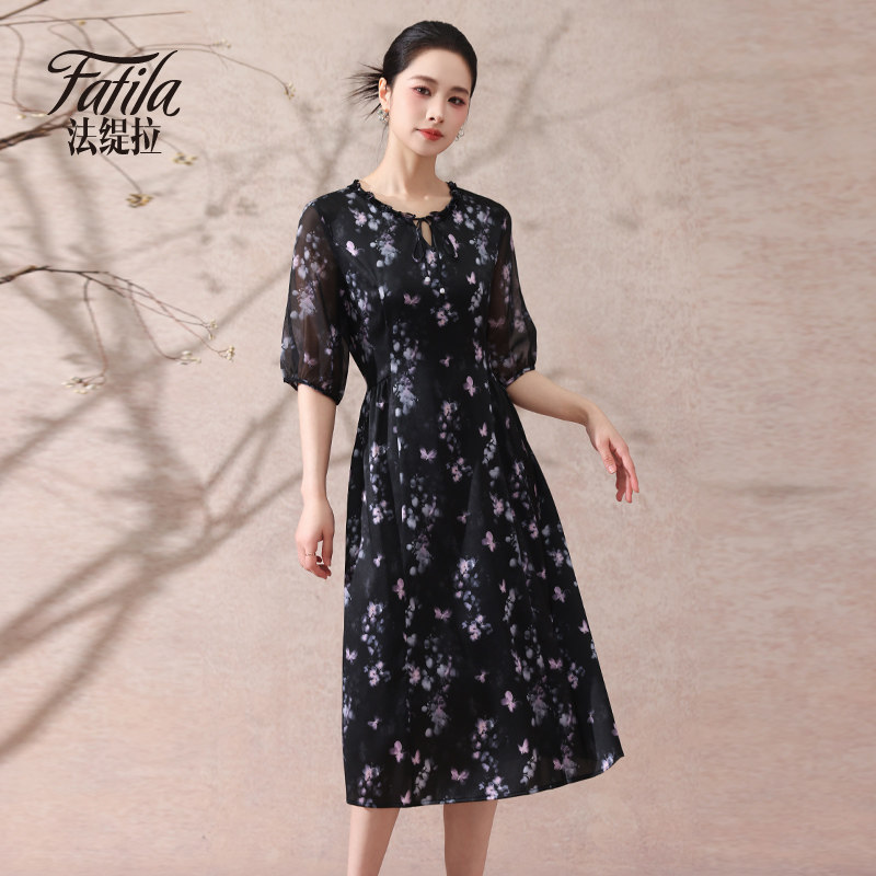 重磅真丝连衣裙女中袖春夏新款缎面碎花桑蚕丝裙子大码中年妈妈装 - 法缇拉旗舰店出品