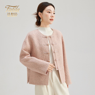 新中式复古国潮粉色人字纹毛呢外套女短款秋冬新款韩系羊毛呢大衣