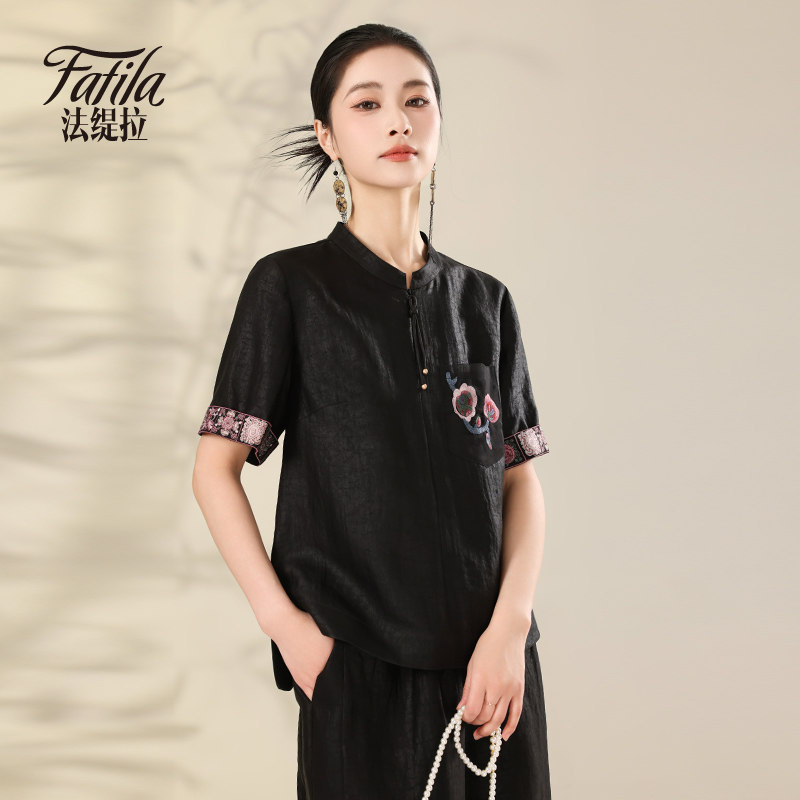 黑色龟纹真丝衬衫女短袖夏季新款