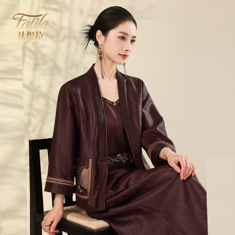 红云香云纱真丝开衫女长袖春夏新款大码外套短款桑蚕丝上衣妈妈装