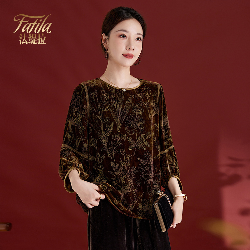 高端黑色真丝丝绒上衣女长袖秋装