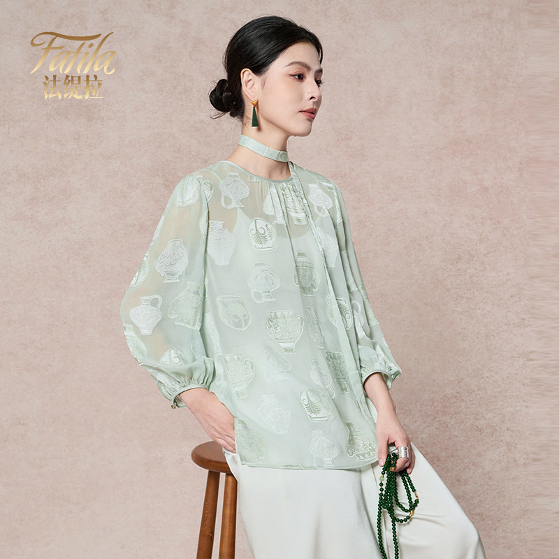 时尚减龄真丝烧花衬衫女七分袖