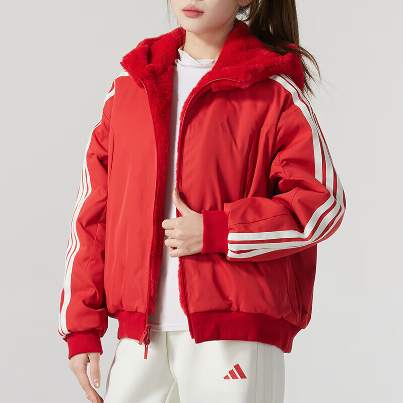 阿迪达斯女子2025春蛇年新年款两面穿保暖舒适休闲宽松外套JM8833