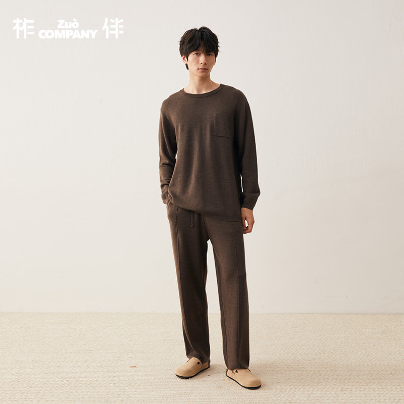 柞伴|野生柞蚕丝家居服男2026夏针织打底衫直筒长裤澳洲羊毛套装
