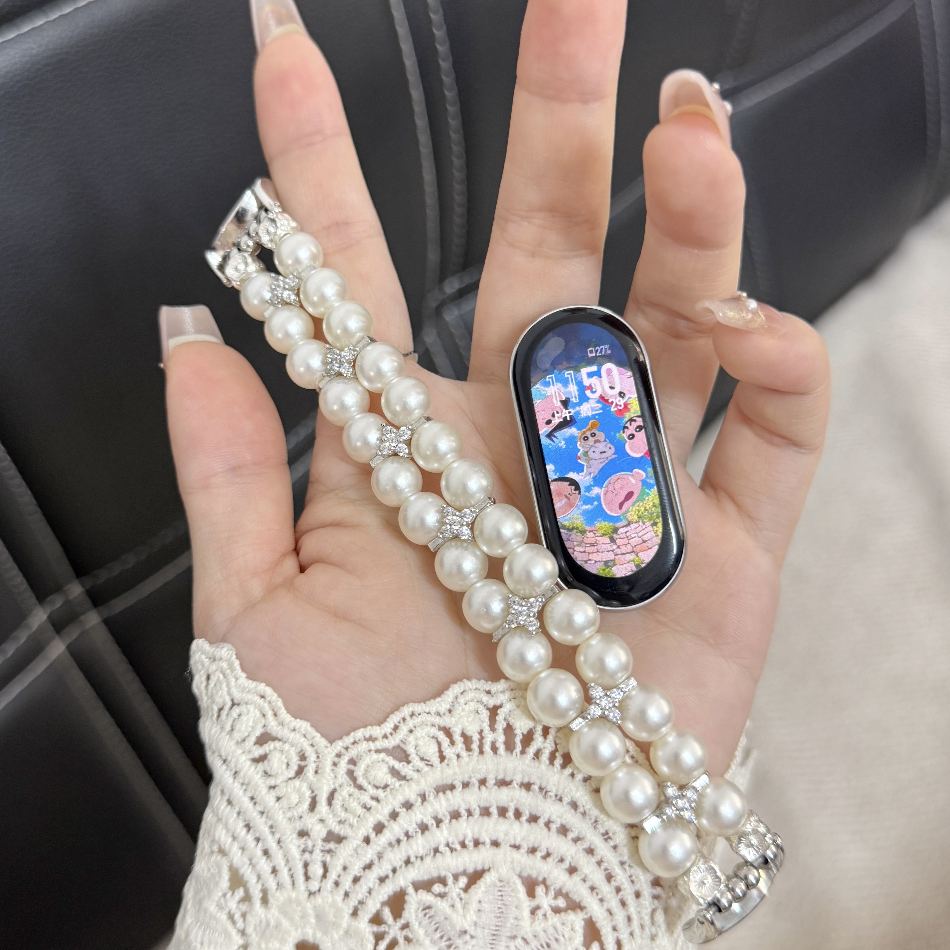 适用小米华为手环10/9pro双排珍珠红米watch5女生新款高级感表带