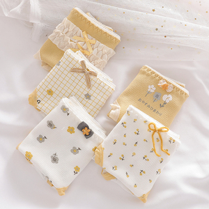 黄色小碎花田园风少女内裤中腰包臀螺纹纯棉内裆三角裤头可爱甜美