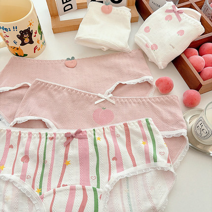 粉白甜美小桃子少女内裤可爱中腰加长抗菌纯棉裆学生三角裤透气