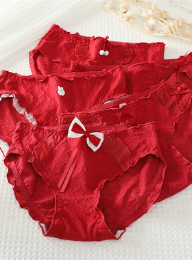 本命年红色内裤女抗菌纯棉裆中腰少女新年甜美可爱蝴蝶结三角裤