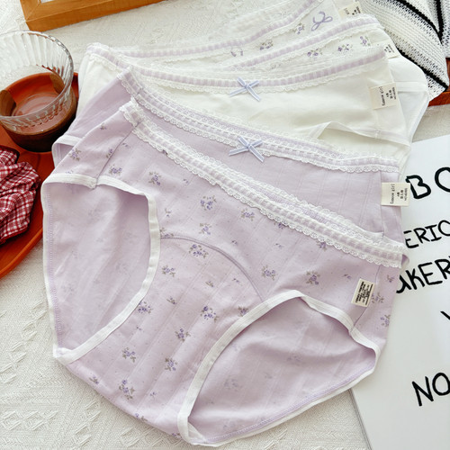 紫色小碎花10A抗菌加长裆女内裤