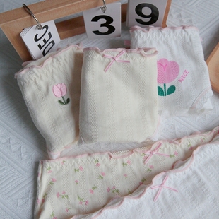 米黄碎花中腰纯棉裆透气少女内裤 郁金香印花蝴蝶结甜美学生三角裤