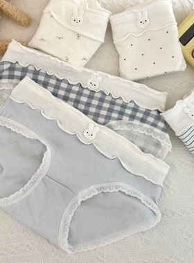 蓝色可爱卡通小兔子格子条纹少女内裤中腰纯棉内裆透气学生三角裤