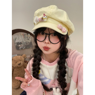 可爱奶黄小猫八角帽女生春夏新款甜美日系贝雷帽百搭显脸小画家帽
