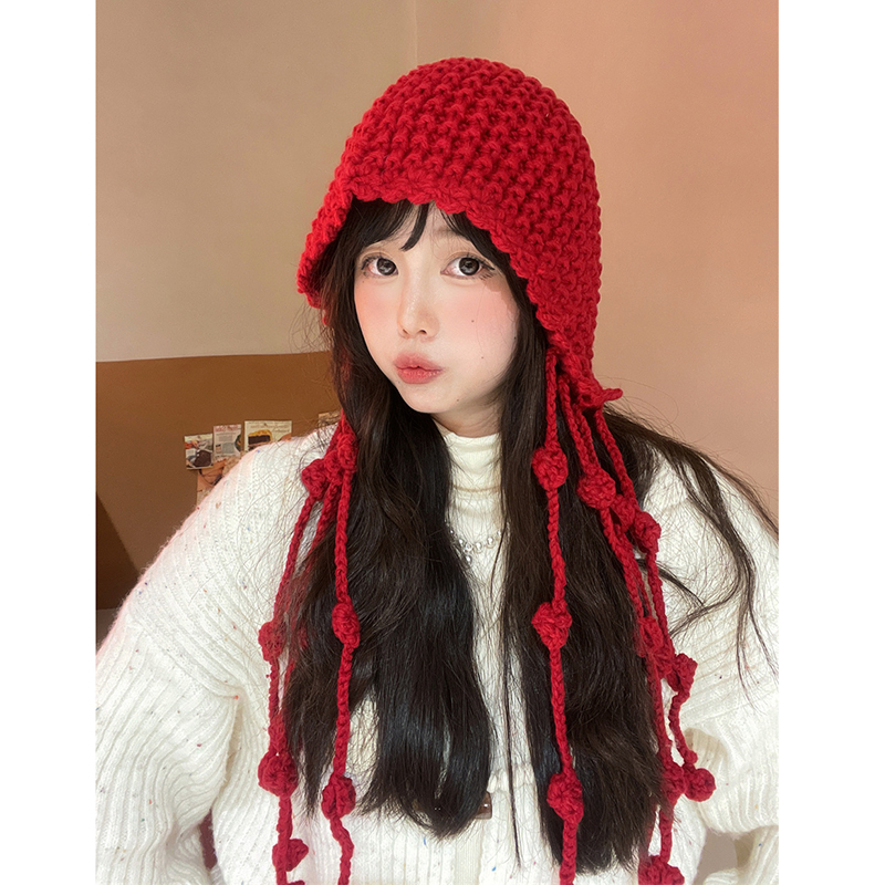 韩版手工编织流苏球球毛线帽子女保暖绑带护耳针织帽大头围套头帽