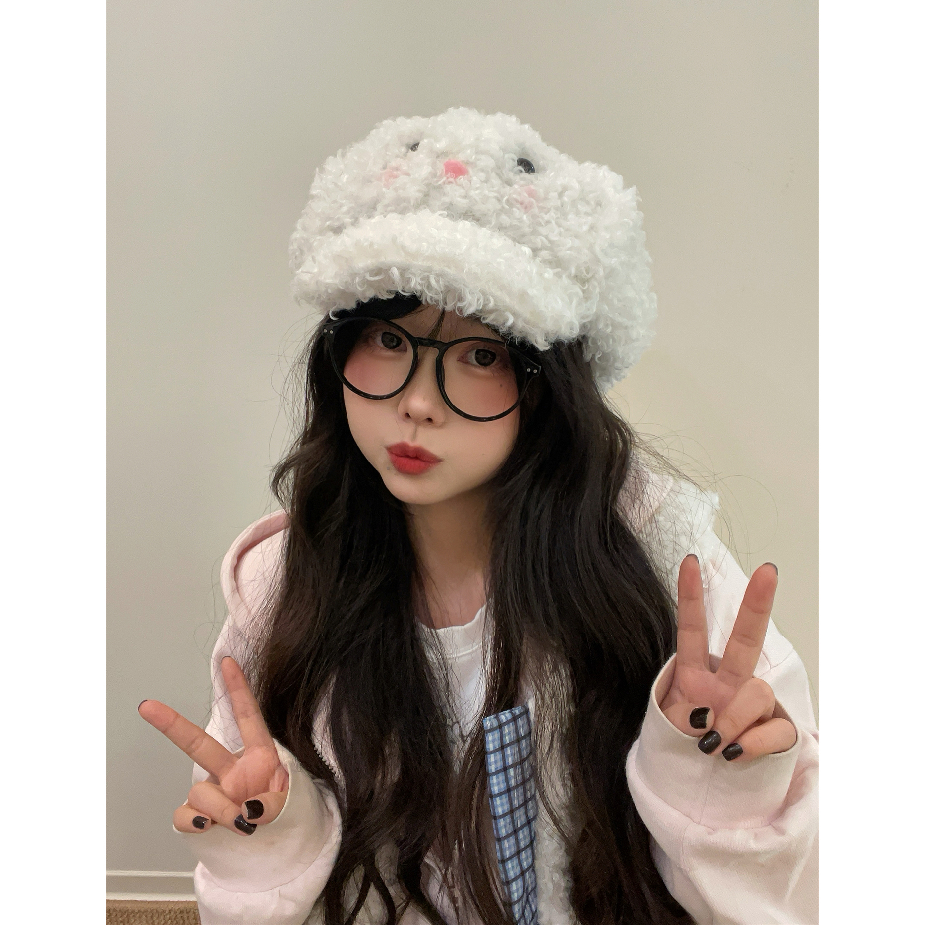 可爱小兔子羊毛卷卷鸭舌帽女秋冬