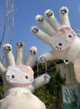 水钻Kitty手套冬季保暖可爱五指针织毛绒百搭防寒防风骑行加厚女