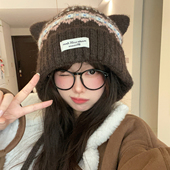 可爱猫耳朵费尔岛毛线帽女冬季 加绒保暖帽子包头帽针织帽显脸小潮