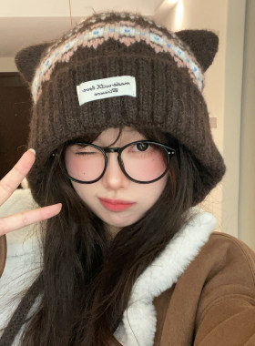 猫耳朵可爱费尔岛风毛线帽女秋冬