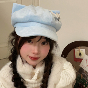 y2k~小众亚比原创猫耳贝雷帽配饰可拆卸亚文化帽子大头围宅系可爱