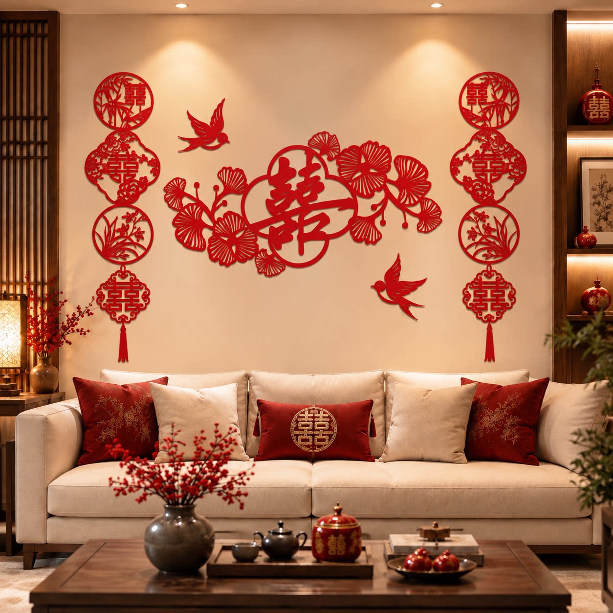 结婚喜字贴客厅婚房布置装饰婚礼男女方新房沙发背景墙高级感拉花
