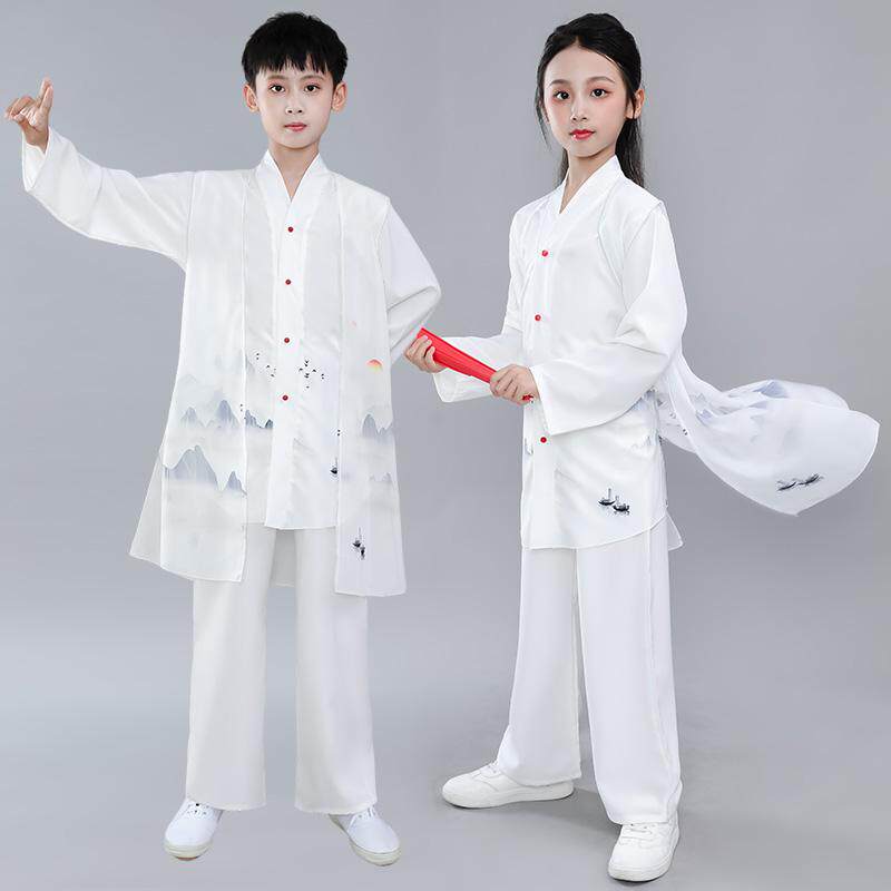 儿童汉服中国风太极服古典演出服飘逸水墨舞剑服少年强扇子舞服装