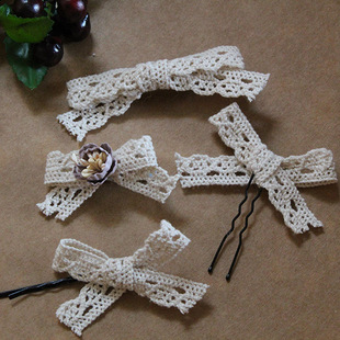 手工米白蕾丝小蝴蝶结鸭嘴夹发圈森女系盘发U型夹簪子简约头饰品