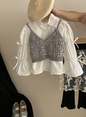 韩国童装女童秋装上衣衬衫2024新款中大童洋气蝴蝶结白色长袖衬衫