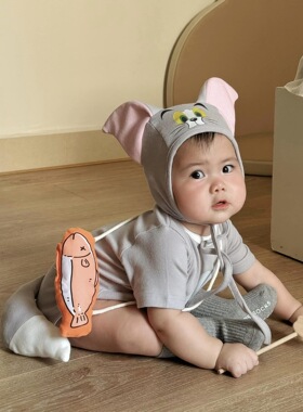 韩版ins男女宝宝短袖薄款造型猫和老鼠婴儿衣服三角哈衣百天爬服