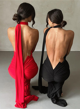 2025欧美风夏季新款女装性感露背挂脖包臀修身晚礼服连衣裙女