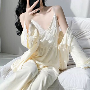 露丝同款金丝绒睡衣女性感纯欲2025秋冬新款长袖吊带家居服三件套