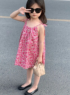 女童粉色碎花背心连衣裙夏季儿童宝宝薄款可调节吊带三亚沙滩裙子