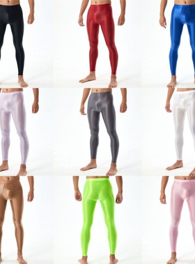 大码油亮男款光泽丝滑健美九分裤囊袋U凸紧身运动裤瑜伽裤跑步裤