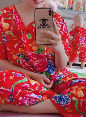 东北大花睡衣秋冬布衣服空调服棉绸睡衣女短袖套装妈妈花裤子家居